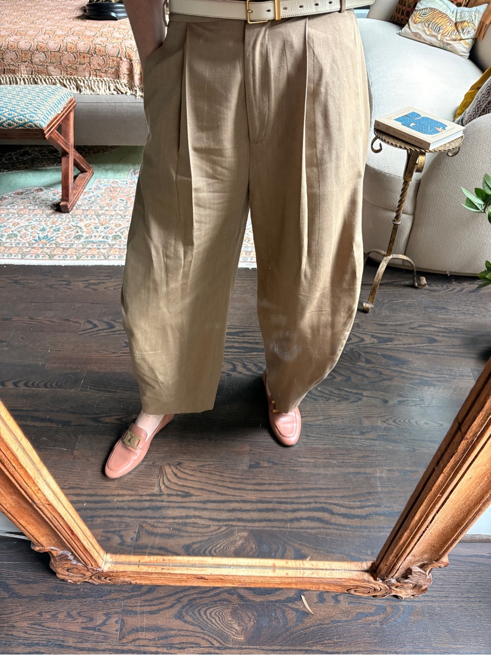 Women’s Tibi Wide-Leg Wool Pleated Pants in Khaki